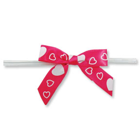 Medium Pink Bow with White Hearts on Twistie ~ 100 Count