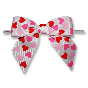 Large White Grosgrain Bow with Hearts on Twistie ~ 50 Count