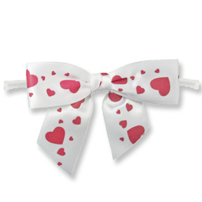 Large White Bow with Red Hearts on Twistie ~ 100 Count