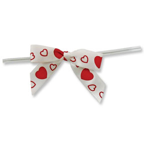 Medium White Bow with Red Hearts on Twistie ~ 100 Count
