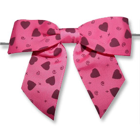 Extra Large Pink Grosgrain Bow with Hearts on Twistie ~ 50 Count