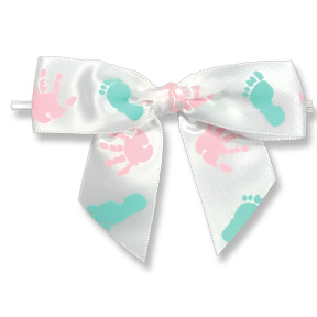 Large White Bow with Baby Hands & Feet on Twistie ~ 100 Count