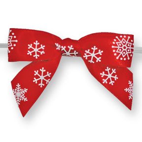 Large Red Bow w/Wht Snowflakes on Twistie ~ 3-1/4"